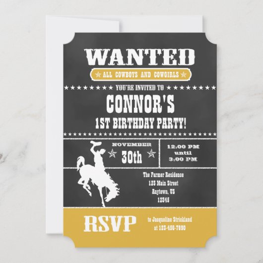 Gold Chalkboard Cowboy Birthday Uitnodiging (Voorkant)