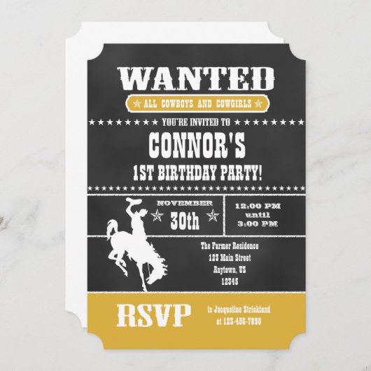 Gold Chalkboard Cowboy Birthday Uitnodiging (Voorkant / Achterkant)