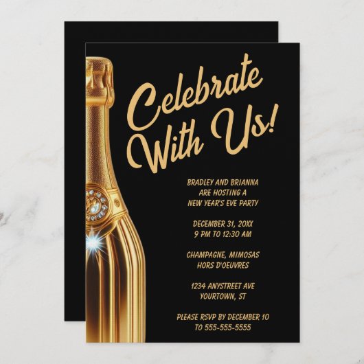 Gold Champagne Bottle on Black New Year's Eve Kaart (Voorkant / Achterkant)