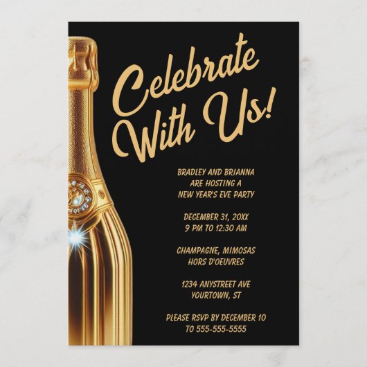 Gold Champagne Bottle on Black New Year's Eve  Kaart (Voorkant)