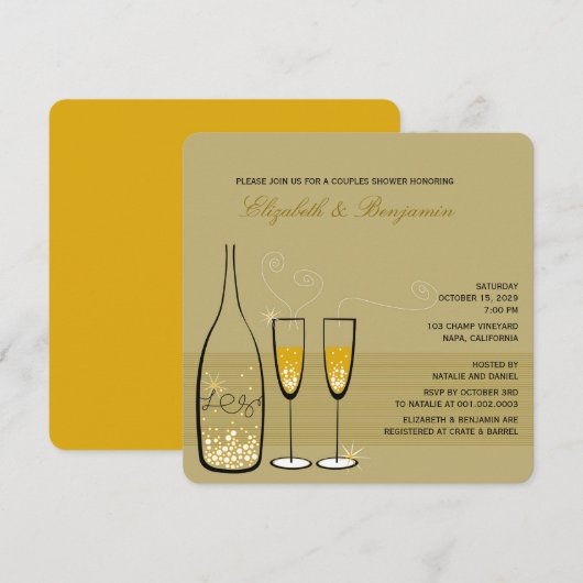 Gold Champagne Bubble Classy Wedding Shower Invite Kaart (Voorkant / Achterkant)