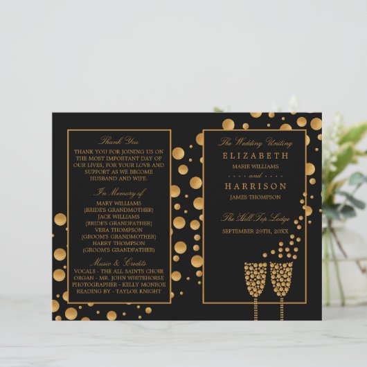 Gold Champagne Bubbles BlackGold Wedding Program (Staand voorkant)