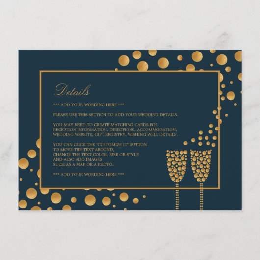 Gold Champagne Bubbles, blauw/goud, bruiloft Detai Informatiekaartje (Voorkant)