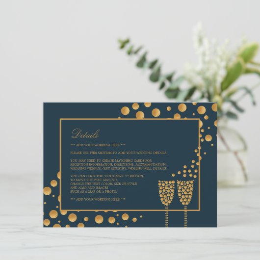 Gold Champagne Bubbles, blauw/goud, bruiloft Detai Informatiekaartje (Staand voorkant)