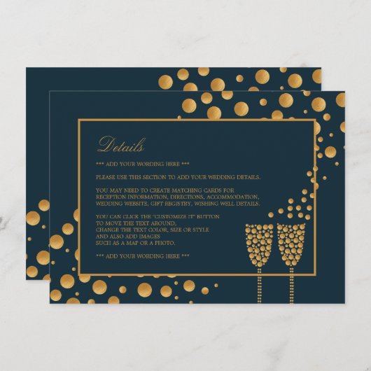 Gold Champagne Bubbles, blauw/goud, bruiloft Detai Informatiekaartje (Voorkant / Achterkant)