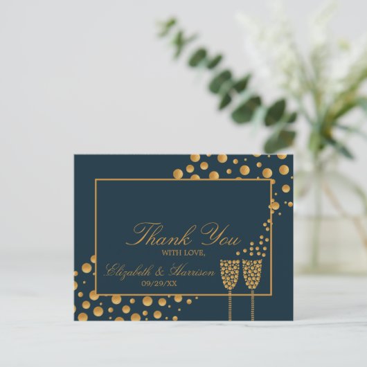 Gold Champagne Bubbles - Blauw & goud - Hartelijk  Briefkaart (Staand voorkant)