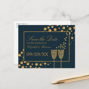 Gold Champagne Bubbles, blauw & goud, sparen de Da Aankondigingskaart