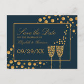 Gold Champagne Bubbles, blauw & goud, sparen de Da Aankondigingskaart (Voorkant)