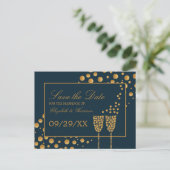 Gold Champagne Bubbles, blauw & goud, sparen de Da Aankondigingskaart (Staand voorkant)