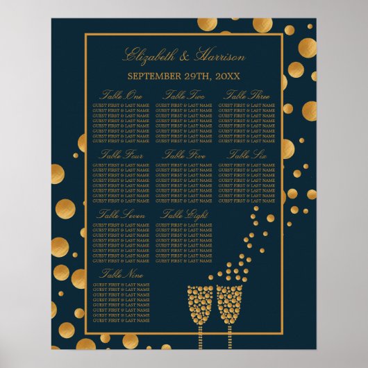 Gold Champagne Bubbles, blauwe & goudzetkaart Poster (Voorkant)