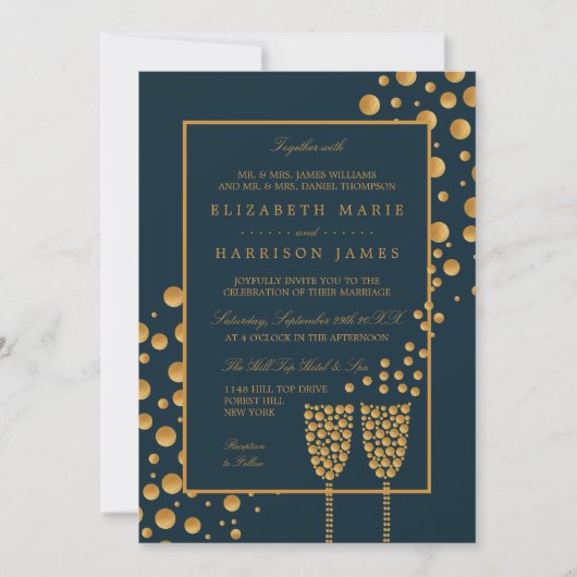 Gold Champagne Bubbles - Blue & Gold - Weddenschap Kaart (Voorkant)