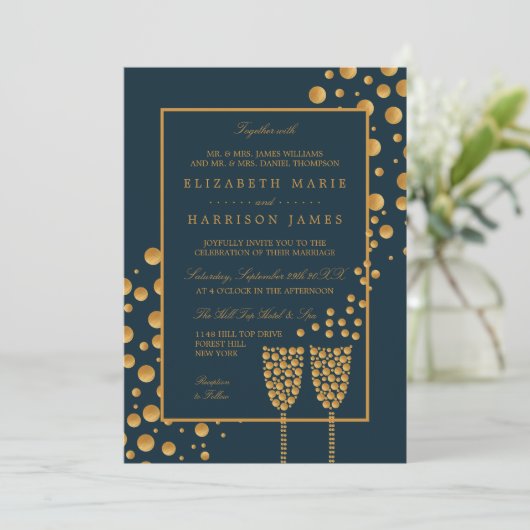Gold Champagne Bubbles - Blue & Gold - Weddenschap Kaart (Staand voorkant)