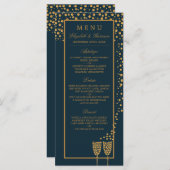 Gold Champagne Bubbles - Blue & Gold - Weddenschap Menu (Voorkant / Achterkant)