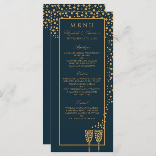 Gold Champagne Bubbles - Blue & Gold - Weddenschap Menu (Voorkant / Achterkant)