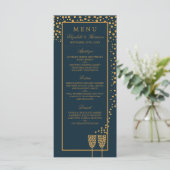 Gold Champagne Bubbles - Blue & Gold - Weddenschap Menu (Staand voorkant)
