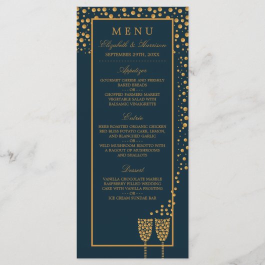 Gold Champagne Bubbles - Blue & Gold - Weddenschap Menu (Voorkant)
