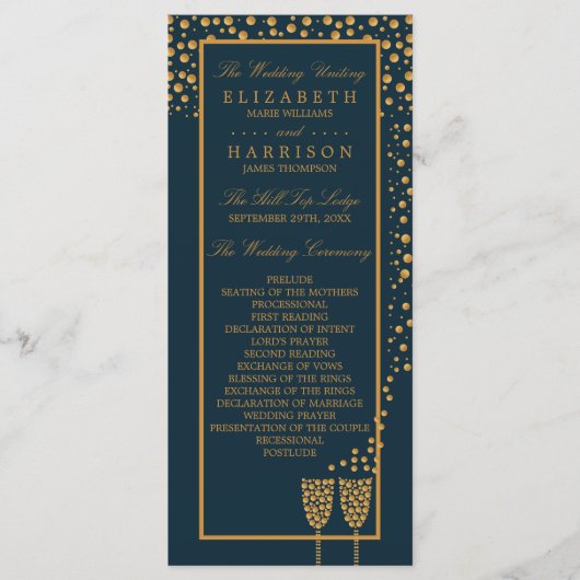 Gold Champagne Bubbles - Blue & Gold - Weddenschap Programmakaart (Voorkant)