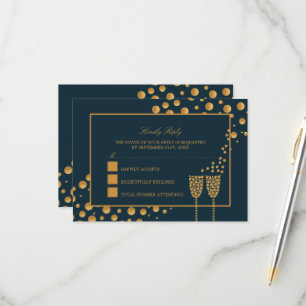 Gold Champagne Bubbles - Blue & Gold - Weddenschap RSVP Kaartje