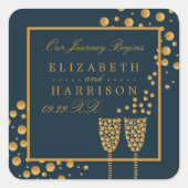Gold Champagne Bubbles - Blue & Gold - Weddenschap Vierkante Sticker (Voorkant)
