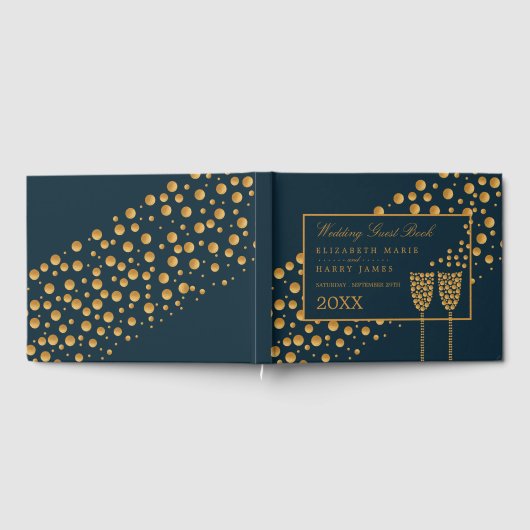Gold Champagne Bubbles, Blue & Gold Wedding Gastenboek (Volledig)