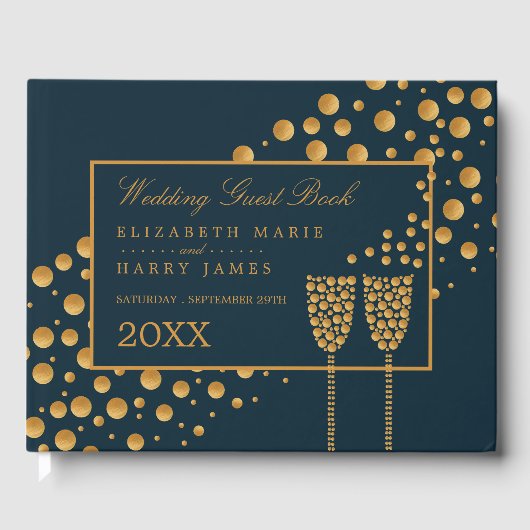 Gold Champagne Bubbles, Blue & Gold Wedding Gastenboek (Voorkant)