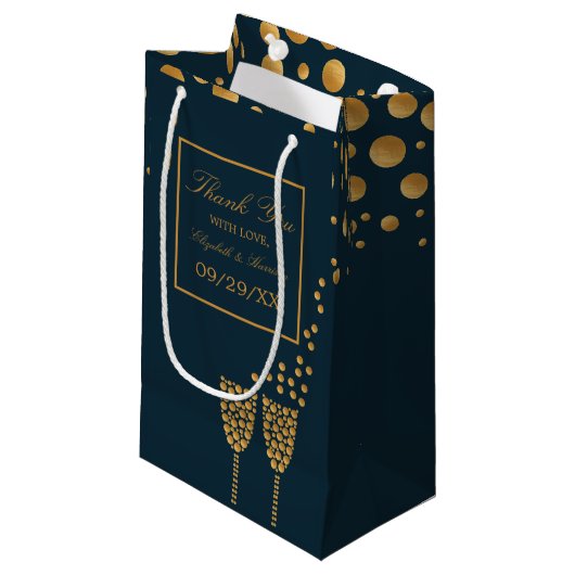 Gold Champagne Bubbles, Blue & Gold Wedding Klein Cadeauzakje (Voorkant Gekanteld)