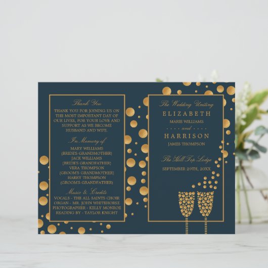 Gold Champagne Bubbles Blue/Gold Wedding Program (Staand voorkant)