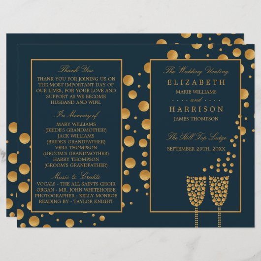 Gold Champagne Bubbles Blue/Gold Wedding Program (Voorkant / Achterkant)