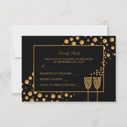 Gold Champagne Bubbles Engagement Party RSVP Kaart (Voorkant)