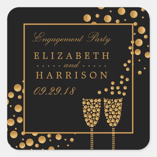 Gold Champagne Bubbles Engagement Party Vierkante Sticker (Voorkant)