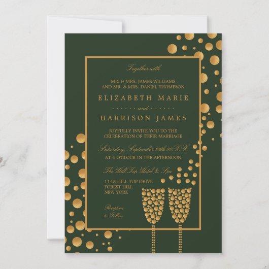 Gold Champagne Bubbles - groen en goud - bruiloft Kaart (Voorkant)