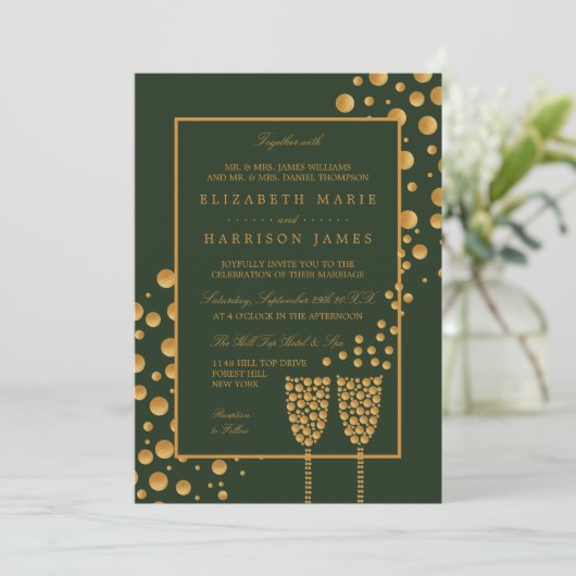 Gold Champagne Bubbles - groen en goud - bruiloft Kaart (Staand voorkant)