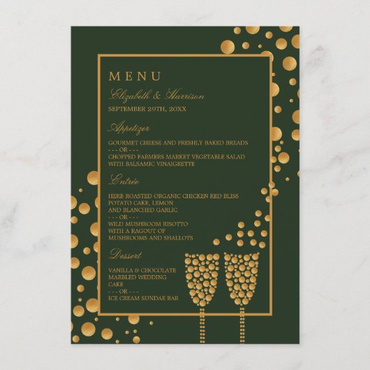Gold Champagne Bubbles - groen en goud - bruiloft Menu (Voorkant)
