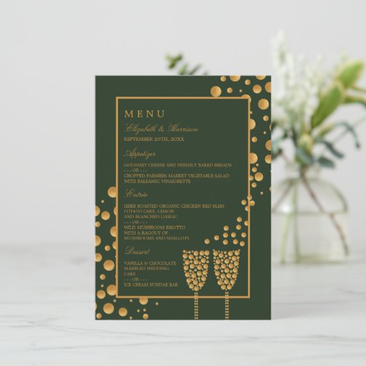 Gold Champagne Bubbles - groen en goud - bruiloft Menu (Staand voorkant)