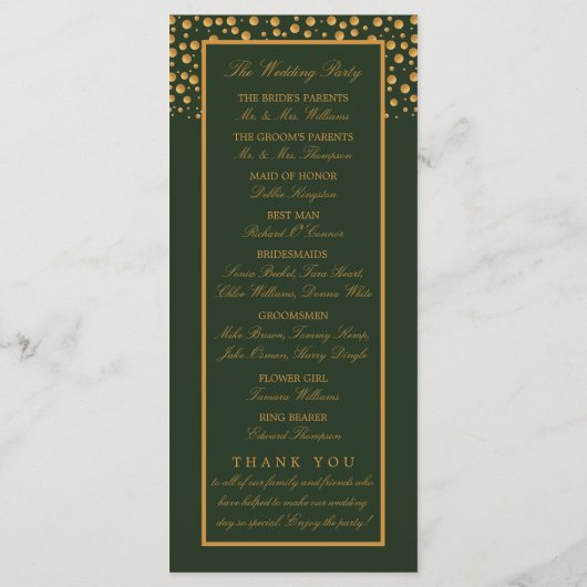 Gold Champagne Bubbles - groen en goud - bruiloft Programmakaart (Achterkant)