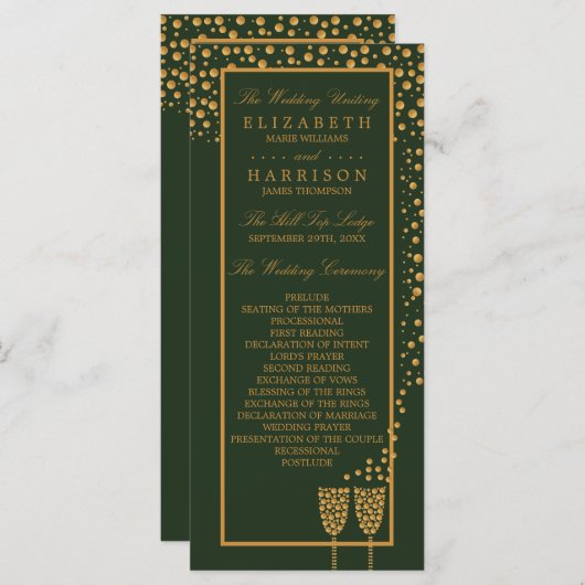 Gold Champagne Bubbles - groen en goud - bruiloft Programmakaart (Voorkant / Achterkant)