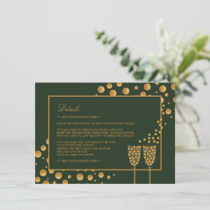 Gold Champagne Bubbles, groen/goud, bruiloft Detai Informatiekaartje