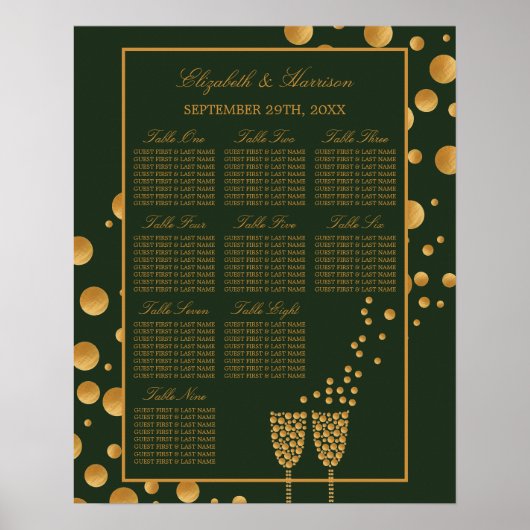 Gold Champagne Bubbles, Groene & goudzetkaart Poster (Voorkant)