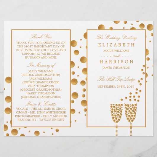 Gold Champagne Bubbles Wedding Bi-voudig Programma (Voorkant)
