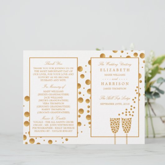 Gold Champagne Bubbles Wedding Bi-voudig Programma (Staand voorkant)