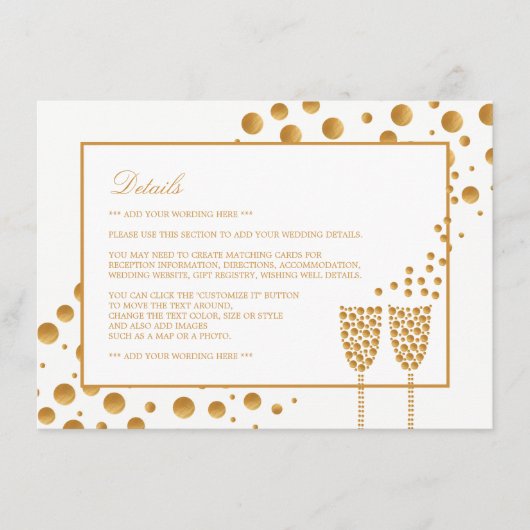 Gold Champagne Bubbles Wedding Detail Informatiekaartje (Voorkant)