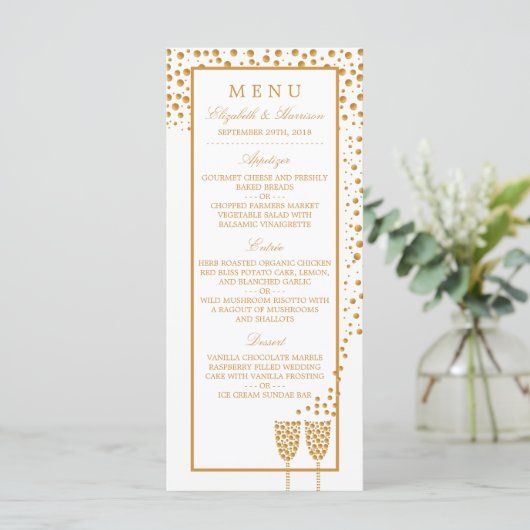 Gold Champagne Bubbles Wedding Menu (Staand voorkant)
