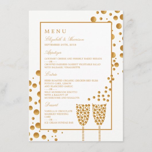 Gold Champagne Bubbles Wedding Menu (Voorkant)