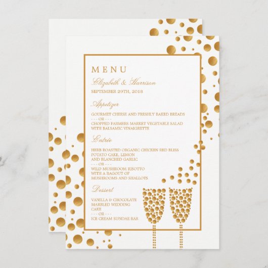 Gold Champagne Bubbles Wedding Menu (Voorkant / Achterkant)