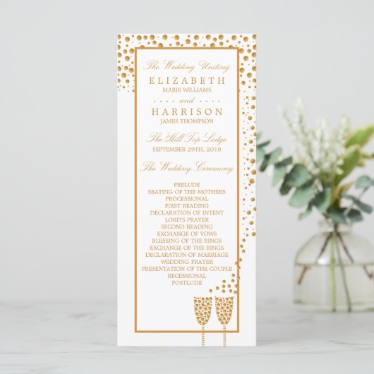 Gold Champagne Bubbles Wedding Programmakaart (Staand voorkant)