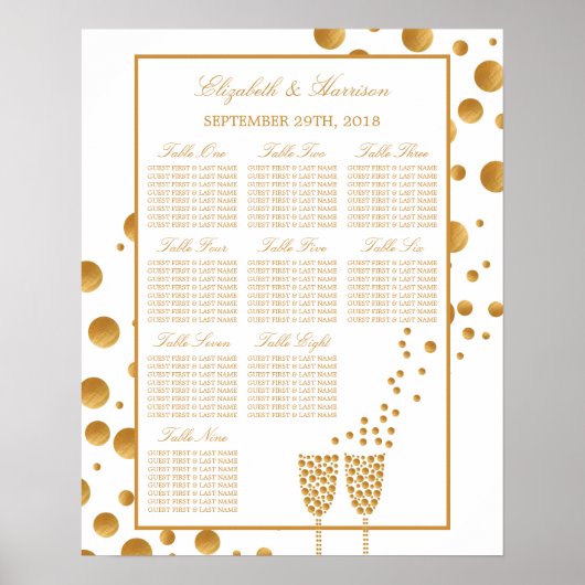 Gold Champagne Bubbles Wedding Seding Chart Poster (Voorkant)