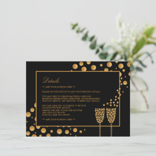 Gold Champagne Bubbles, zwart/goud, bruiloft Detai Informatiekaartje