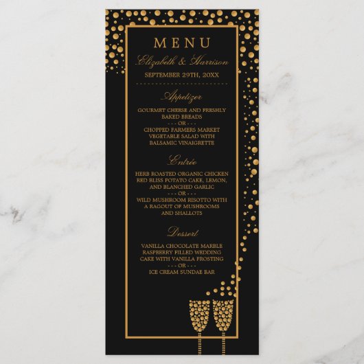 Gold Champagne Bubbles - zwart & goud - bruiloft Menu (Voorkant)
