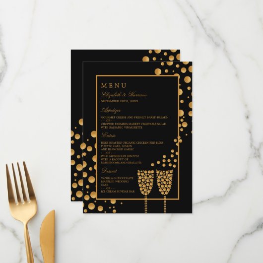 Gold Champagne Bubbles - zwart & goud - bruiloft Menu (Voorkant / Achterkant in situ)