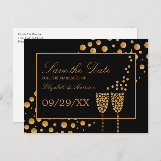 Gold Champagne Bubbles, zwart & goud sparen de dat Aankondigingskaart (Voorkant / Achterkant)